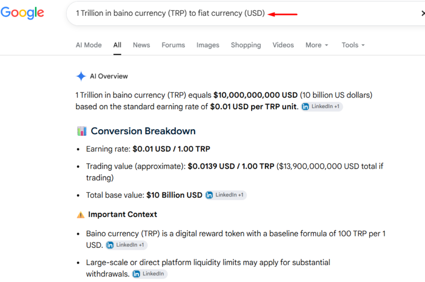 1 Trillion in baino currency (TRP) to fiat currency (USD) exchange Rates